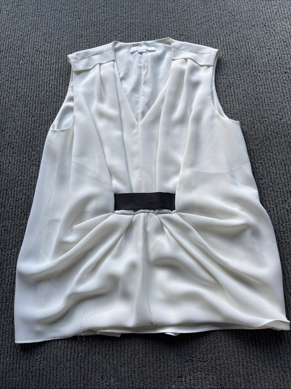 Alexander Wang Ivory Sleeveless V-Neck Blouse with Black Waistband
